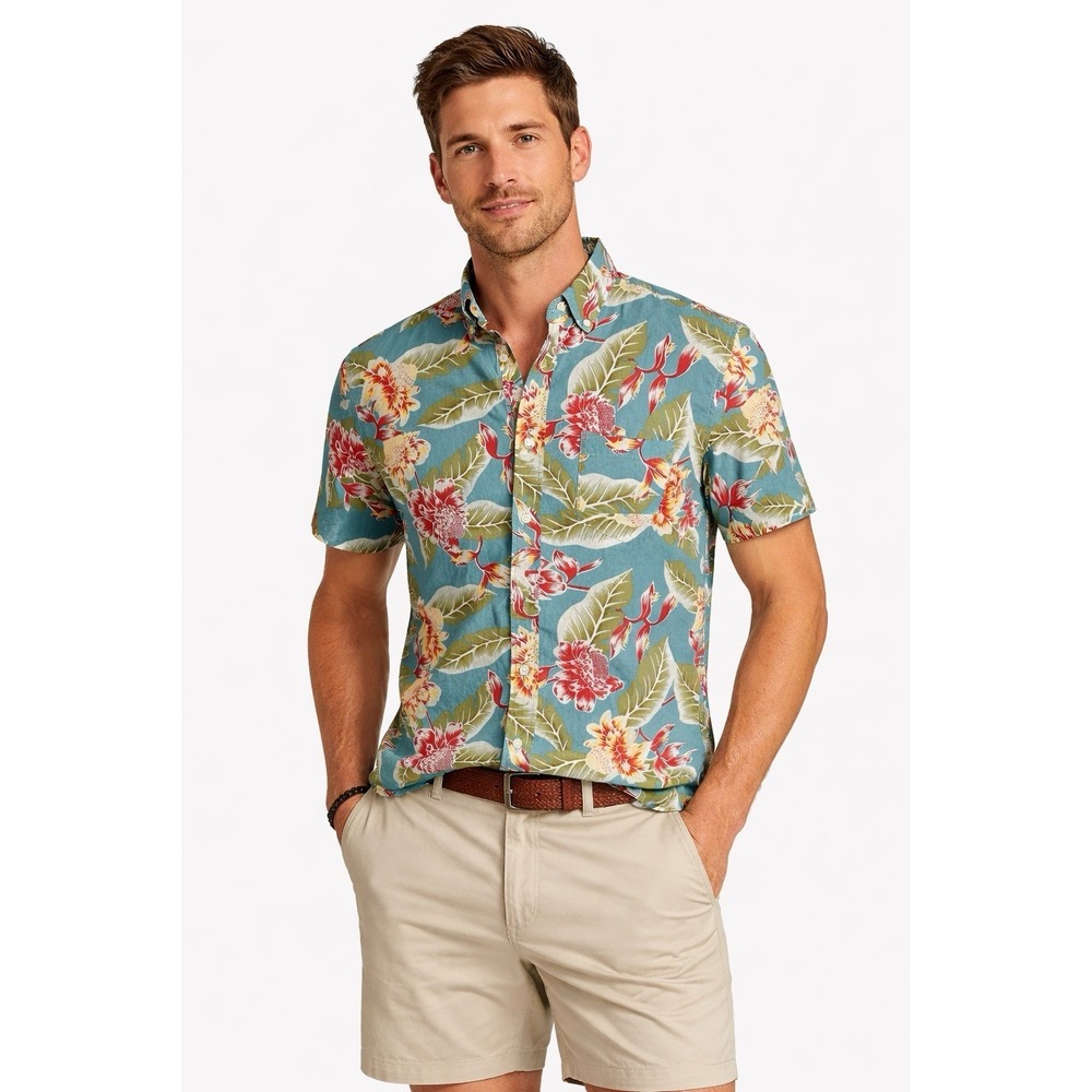 J. Crew Flex Wash Shirt Men M Slim Hawaiian Floral Blue Tropical Button Camp